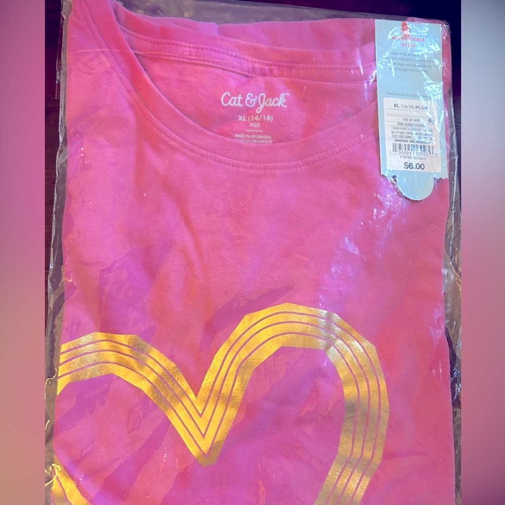 Cat & Jack Girls Pink Heart Shirt XL 14/16 Plus NWT